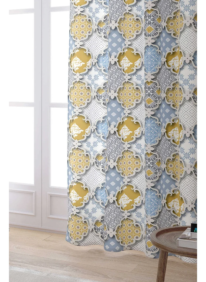 Cango Home Yellow Blue Ethnic Vintage Patterned Digital Printed Curtain CGH583-PR