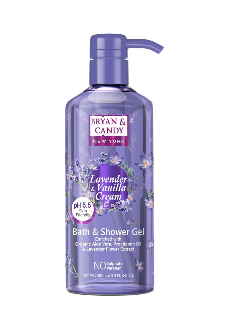 BRYAN & CANDY - Bryan And Candy Lavender And Vanilla Cream Bath And Shower Gel Enriched with Organic Aloe Vera Pro Vitamin B5 Lavender Flower Extract Skin Friendly pH 5.5 All Skin Types Pack of 1 500ML - Image 1