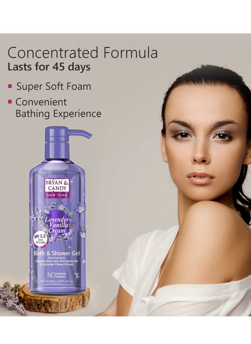 BRYAN & CANDY - Bryan And Candy Lavender And Vanilla Cream Bath And Shower Gel Enriched with Organic Aloe Vera Pro Vitamin B5 Lavender Flower Extract Skin Friendly pH 5.5 All Skin Types Pack of 1 500ML - Image 1