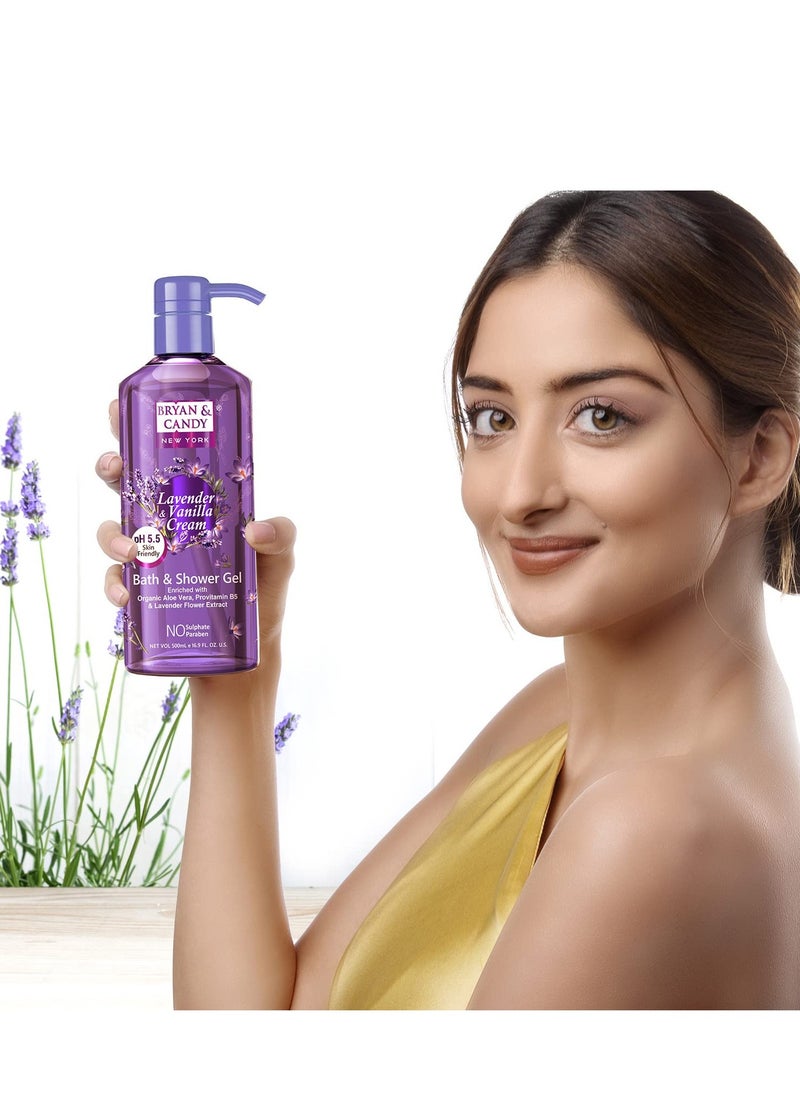 BRYAN & CANDY - Bryan And Candy Lavender And Vanilla Cream Bath And Shower Gel Enriched with Organic Aloe Vera Pro Vitamin B5 Lavender Flower Extract Skin Friendly pH 5.5 All Skin Types Pack of 1 500ML - Image 1