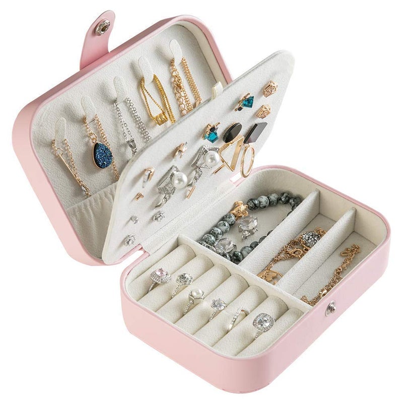 KRUSHNASHRY Jewelry Box Portable Travel Jewelry Box Small TwoLayer Jewelry Organizer Synthetic Leather Jewelry Storage Case for Ring Necklace Earring Pink - Image 1