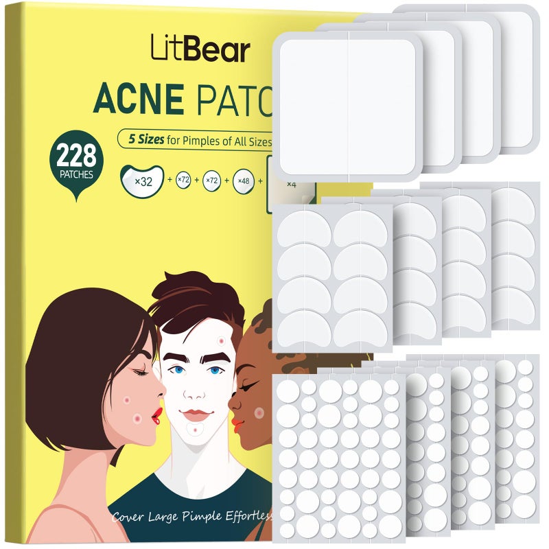 LitBear Pimple Patches for Face, Large Acne Patch, XL Hydrocolloid Bandages,Zit Stickers for Forehead, Chin, Nose, Body, Back, and Chest (5 Sizes, 228 Pimple Patches) - Image 1
