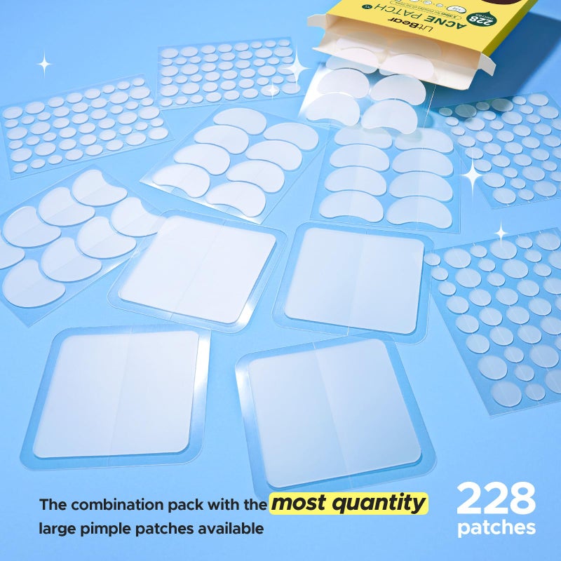 LitBear Pimple Patches for Face, Large Acne Patch, XL Hydrocolloid Bandages,Zit Stickers for Forehead, Chin, Nose, Body, Back, and Chest (5 Sizes, 228 Pimple Patches) - Image 2
