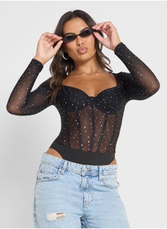Ginger Mesh Glitter Detail Corset Style Bodysuit  - Image 1