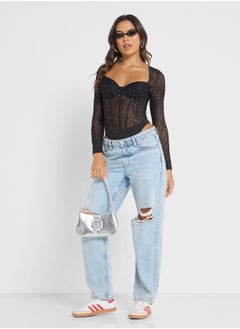 Ginger Mesh Glitter Detail Corset Style Bodysuit  - Image 4