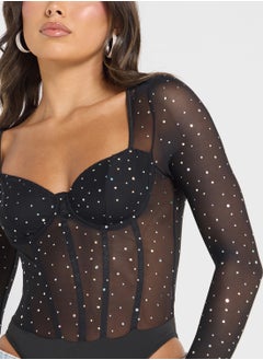 Ginger Mesh Glitter Detail Corset Style Bodysuit  - Image 3