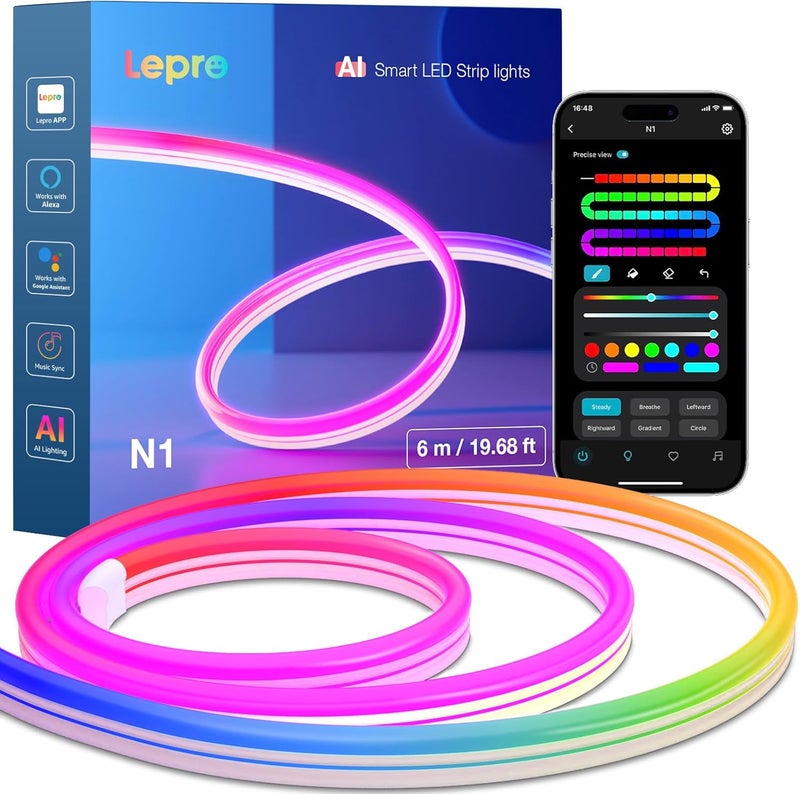 لايتنغ إيفر شريط إضاءة نيون قوس قزح ذكي من Lepro N1 AI بطول 6 أمتار، 96 مصباح LED لكل متر، يعمل مع Alexa وGoogle Home، مزامنة الموسيقى، مساعد تصميم الإضاءة بالذكاء الاصطناعي، حبل إضاءة IP65، إضاءة LED بألوان سحرية، تحكم بالتطبيق والصوت، بدون جهاز تحكم عن بعد - Image 1