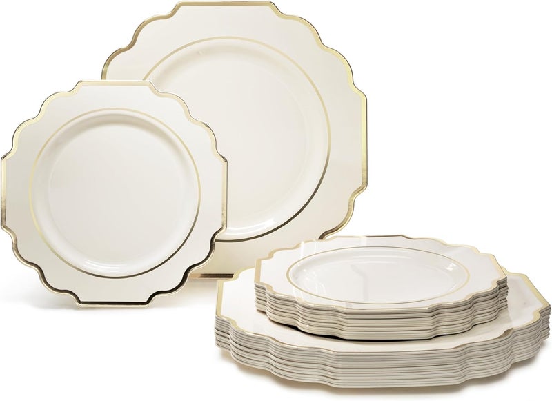 OCCASIONS FINEST PLASTIC TABLEWARE " OCCASIONS " 320 Piece set (40 Guests)-Heavyweight Wedding Party Disposable Plastic Plate Set - 40 x 10.5'' + 40 x 8'' + Silverware + Cups + Napkins (Imperial Ivory & Gold) - Image 5
