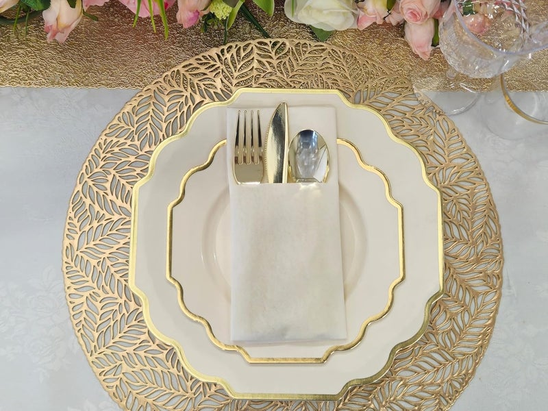 OCCASIONS FINEST PLASTIC TABLEWARE " OCCASIONS " 320 Piece set (40 Guests)-Heavyweight Wedding Party Disposable Plastic Plate Set - 40 x 10.5'' + 40 x 8'' + Silverware + Cups + Napkins (Imperial Ivory & Gold) - Image 3