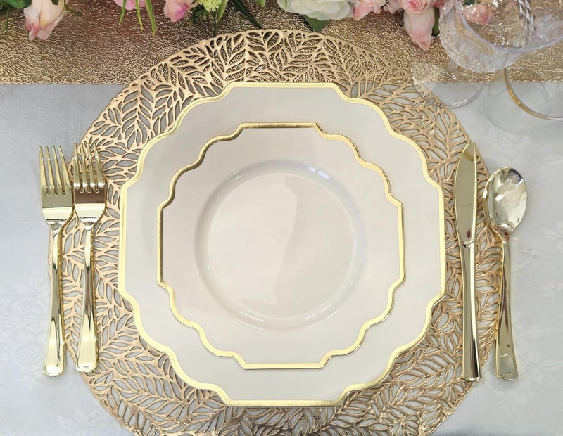 OCCASIONS FINEST PLASTIC TABLEWARE " OCCASIONS " 320 Piece set (40 Guests)-Heavyweight Wedding Party Disposable Plastic Plate Set - 40 x 10.5'' + 40 x 8'' + Silverware + Cups + Napkins (Imperial Ivory & Gold) - Image 2