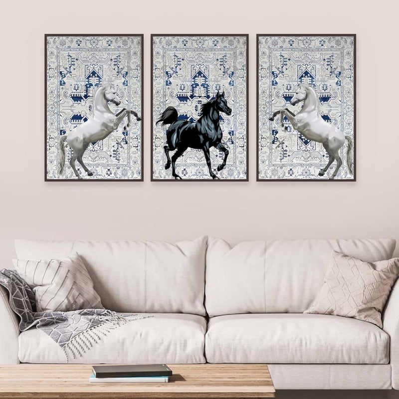 Marktna Three canvas paintings with a horse design and a hollow frame, measuring (90×40), three pieces - Image 3