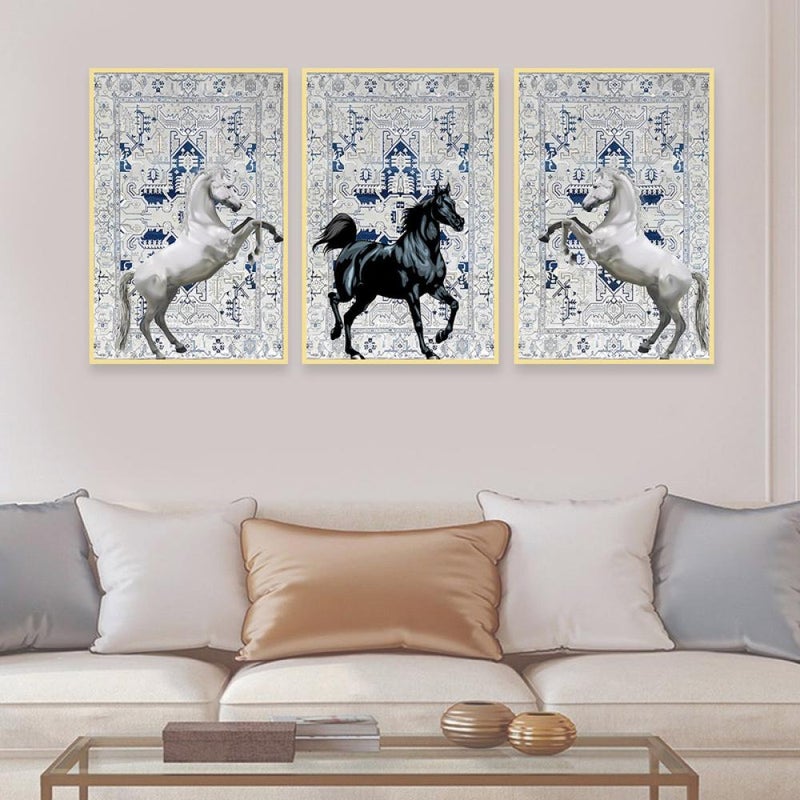 Marktna Three canvas paintings with a horse design and a hollow frame, measuring (90×40), three pieces - Image 1