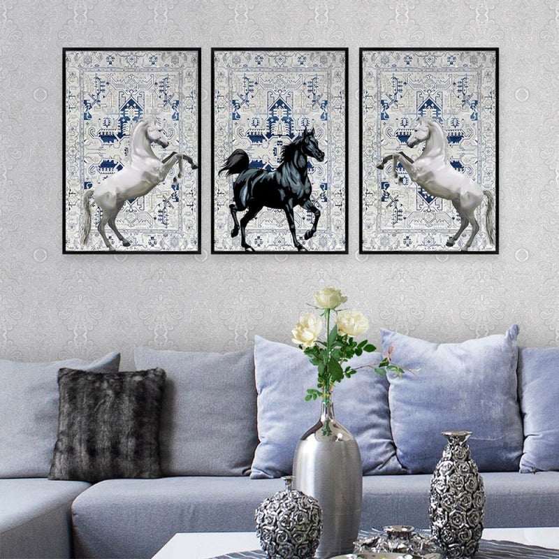 Marktna Three canvas paintings with a horse design and a hollow frame, measuring (90×40), three pieces - Image 2