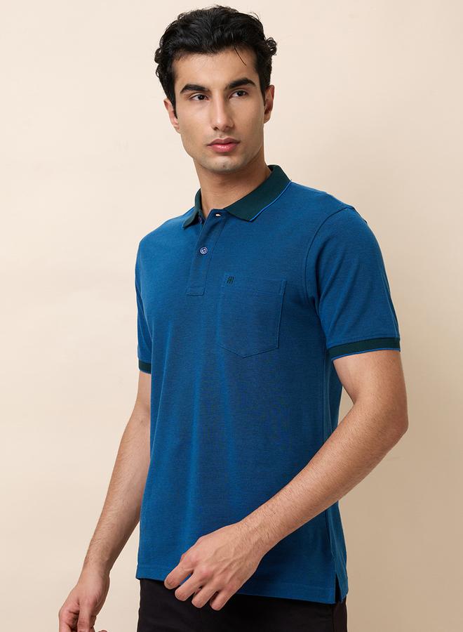 Raymond Teal Solid Cotton Polo with Pocket - Image 3