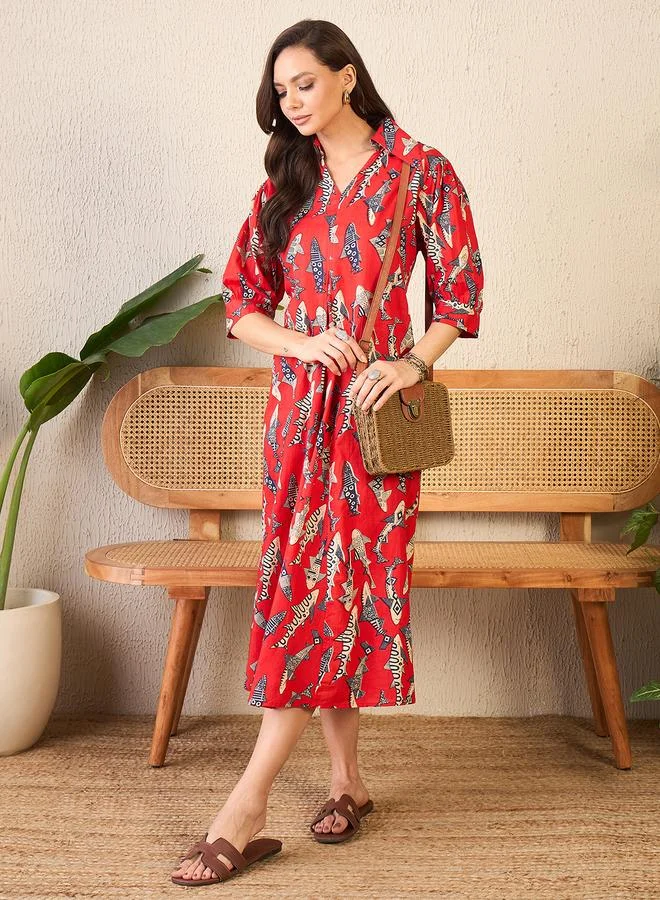 Uptownie Red Front Pleated Cotton Midi Dress