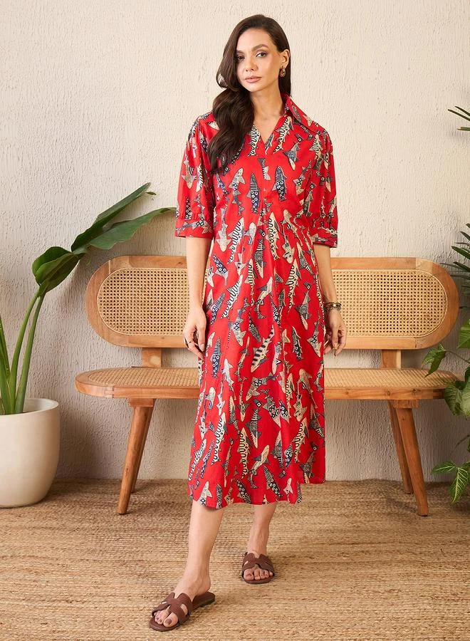 Uptownie Red Front Pleated Cotton Midi Dress