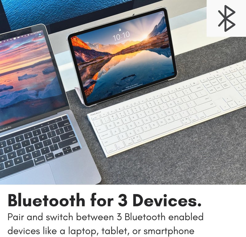 MACALLY لوحة مفاتيح بلوتوث لاسلكية لجهاز ماك - لوحة مفاتيح متوافقة مع أبل أو ماك بوك برو/إير، آي ماك - متعددة الأجهزة، تدعم حتى 3 أجهزة مع 110 مفاتيح، 20 اختصار، لوحة أرقام، وقابلة لإعادة الشحن - بيضاء - Image 3
