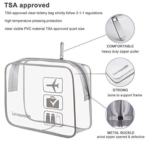 Lermende 2pcs Clear Toiletry Bag TSA Approved Travel Bag,Carry On for Travel,Airport Airline Accessories Compliant Bag,Quart Sized Makeup Cosmetic bag Women Men (Gray, 2 Pack) - Image 2