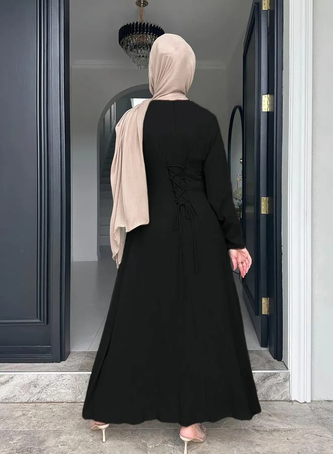 Styli black Black Solid A-Line Maxi Dress with Long Sleeves for Women | Best Price UAE