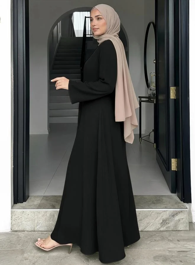 Styli black Black Solid A-Line Maxi Dress with Long Sleeves for Women | Best Price UAE