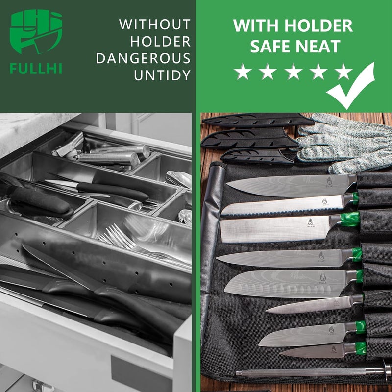 FULLHI 14/15pcs Japanese Multiple Colour Premium German Stainless Steel Kitchen Knife Set (Green, Magnetic Block Knife set) - Image 5