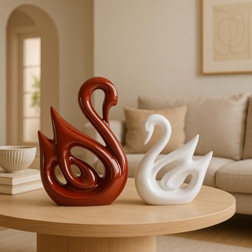SRJANA Lucky Swan Couple Piano Finish Ceramic Figures for Home Decor (Set of 2 Pc, Large, Brown & White) - Image 2