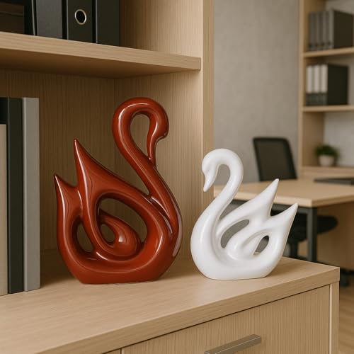 SRJANA Lucky Swan Couple Piano Finish Ceramic Figures for Home Decor (Set of 2 Pc, Large, Brown & White) - Image 3