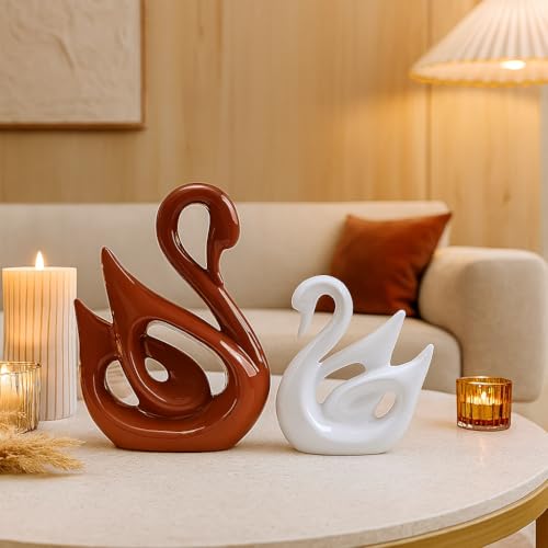 SRJANA Lucky Swan Couple Piano Finish Ceramic Figures for Home Decor (Set of 2 Pc, Large, Brown & White) - Image 1