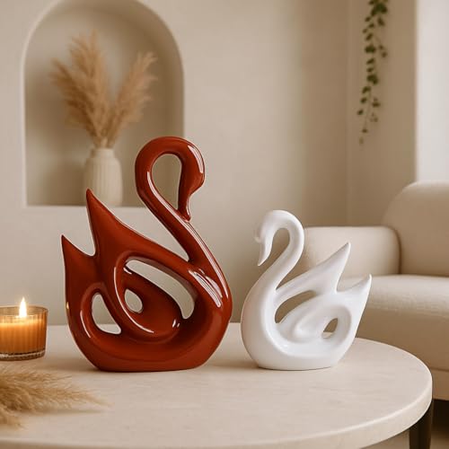 SRJANA Lucky Swan Couple Piano Finish Ceramic Figures for Home Decor (Set of 2 Pc, Large, Brown & White) - Image 5