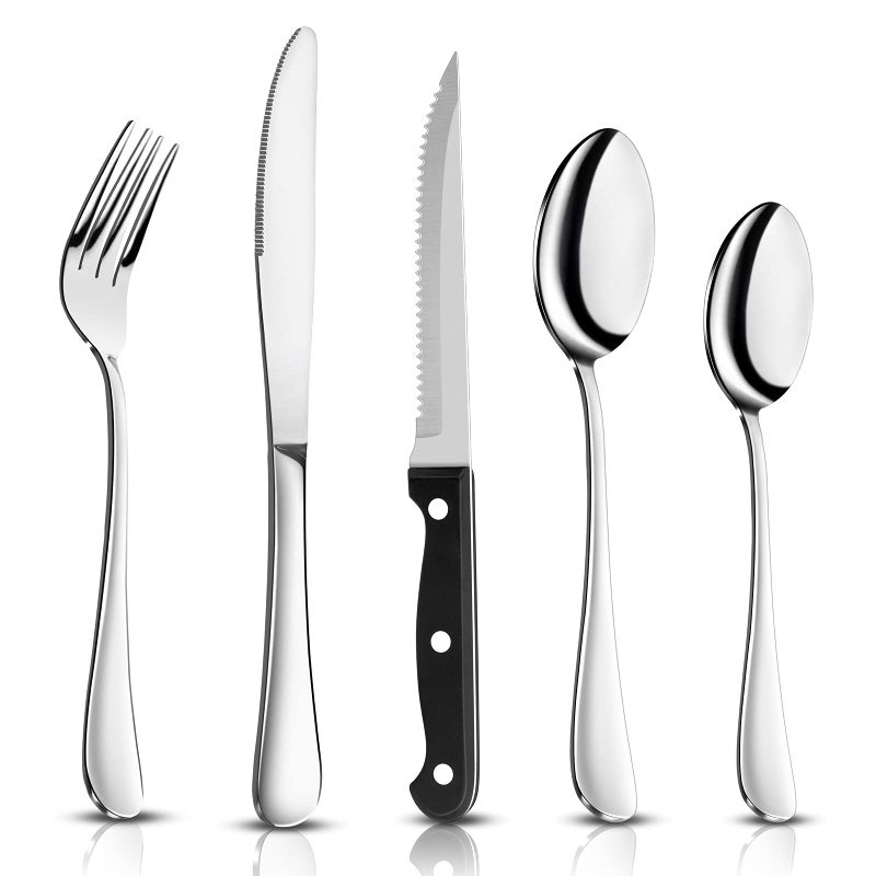 Joyfair 32 Piece Cutlery Sets  8 Piece Steak Knives Stainless Steel 40 Pcs Silverware Flatware Set with Fork Knife Spoon Service for 8 HomeCampingParty Mirror Finished  Dishwasher Safe