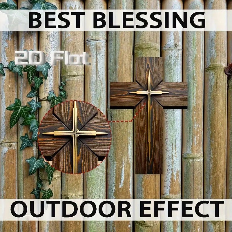 ديكور حائط بصليب خشبي كلاسيكي مع لمسة ذهبية، تصميم ثنائي الأبعاد مسطح - Image 1