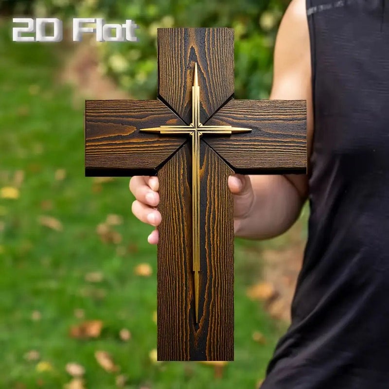 ديكور حائط بصليب خشبي كلاسيكي مع لمسة ذهبية، تصميم ثنائي الأبعاد مسطح - Image 3