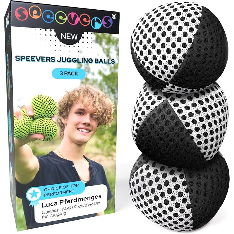 Speevers Xballs Juggling Balls Professional Set of 3 Fresh Design - 10 Beautiful Colors Available - 2 Layers of Net Carry Case - Choice of The World Champions! (Black - White, 120g) - Image 1