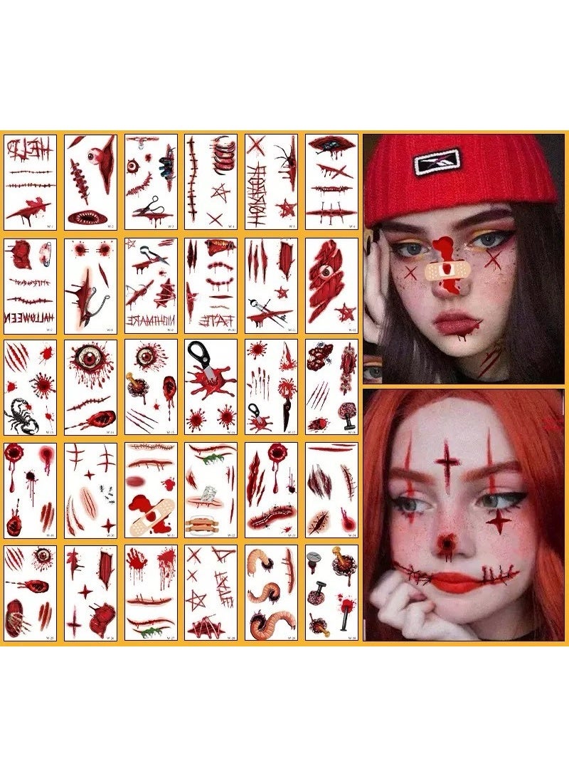 xppier 30 pcs Halloween Decorations, Zombies Fake Scars Temporary Tattoos Halloween Makeup Kit, Horror Movie Large Scar Wound Tattoo Party Accessories, Scary Chucky Vampire Costumes for Adults Kids - Image 1