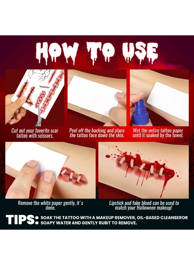 xppier 30 pcs Halloween Decorations, Zombies Fake Scars Temporary Tattoos Halloween Makeup Kit, Horror Movie Large Scar Wound Tattoo Party Accessories, Scary Chucky Vampire Costumes for Adults Kids - Image 2