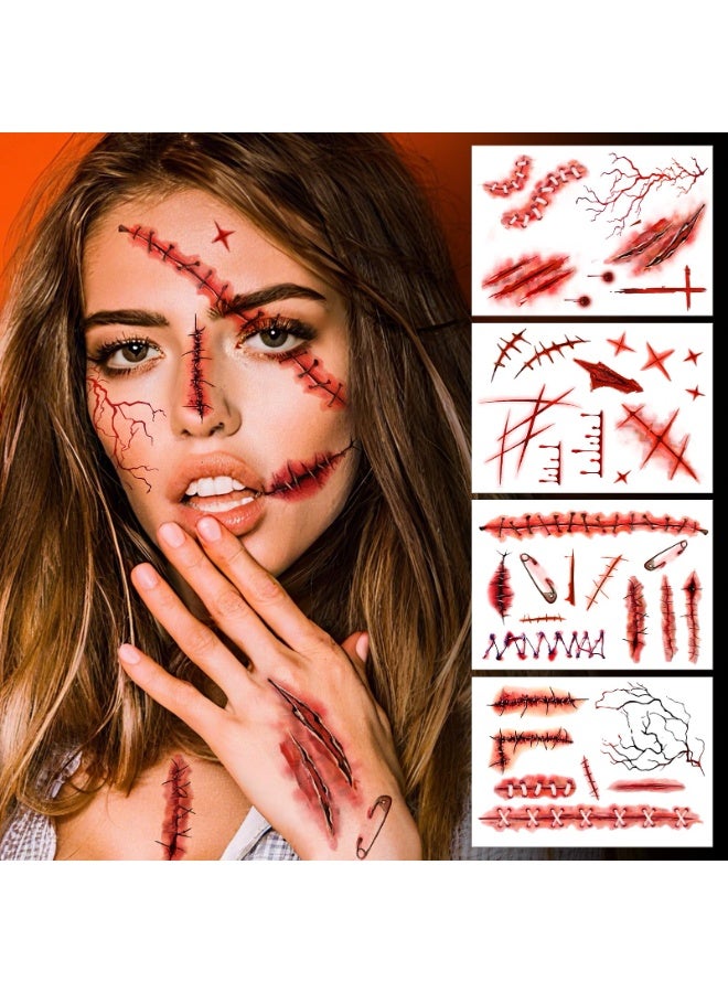 xppier 30 pcs Halloween Decorations, Zombies Fake Scars Temporary Tattoos Halloween Makeup Kit, Horror Movie Large Scar Wound Tattoo Party Accessories, Scary Chucky Vampire Costumes for Adults Kids - Image 5