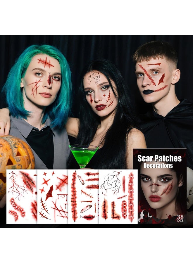 xppier 30 pcs Halloween Decorations, Zombies Fake Scars Temporary Tattoos Halloween Makeup Kit, Horror Movie Large Scar Wound Tattoo Party Accessories, Scary Chucky Vampire Costumes for Adults Kids - Image 3