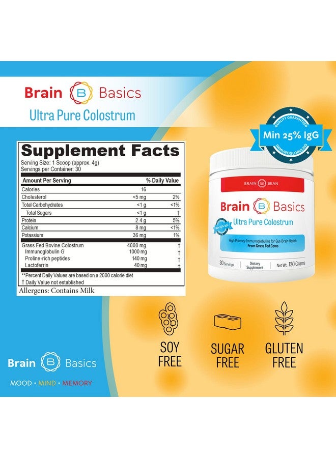 Brain-Bean Brain Basics Ultra-Pure Colostrum, 4000mg per Serving, Min 25% IgG antibodies, Gut-Brain-Immune Health, Glowing Hair and Skin. Colostrum Powder from Grass-Fed Cows. 120 Grams - 30 Servings - Image 4