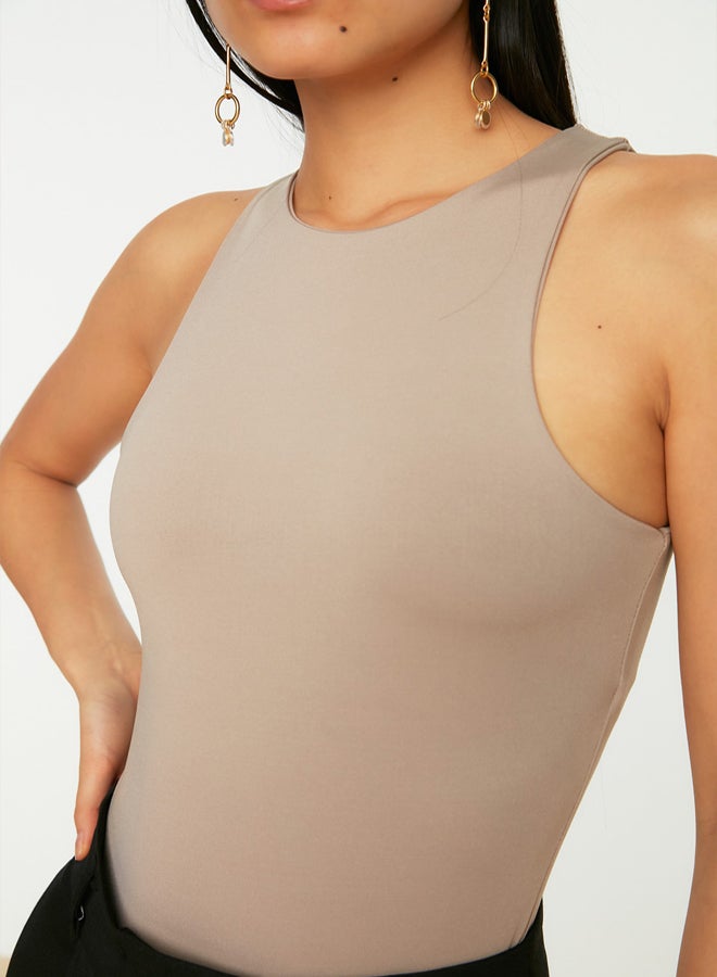 trendyol Mink Halter Neck Body-Smoothing Flexible Bottom Snap Knitted Bodysuit  - Image 4