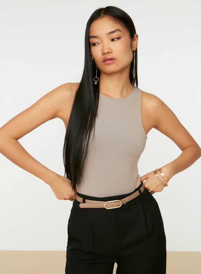 trendyol Mink Halter Neck Body-Smoothing Flexible Bottom Snap Knitted Bodysuit  - Image 1