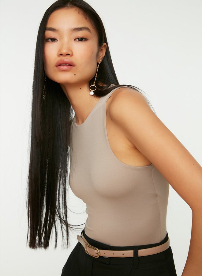 trendyol Mink Halter Neck Body-Smoothing Flexible Bottom Snap Knitted Bodysuit  - Image 3