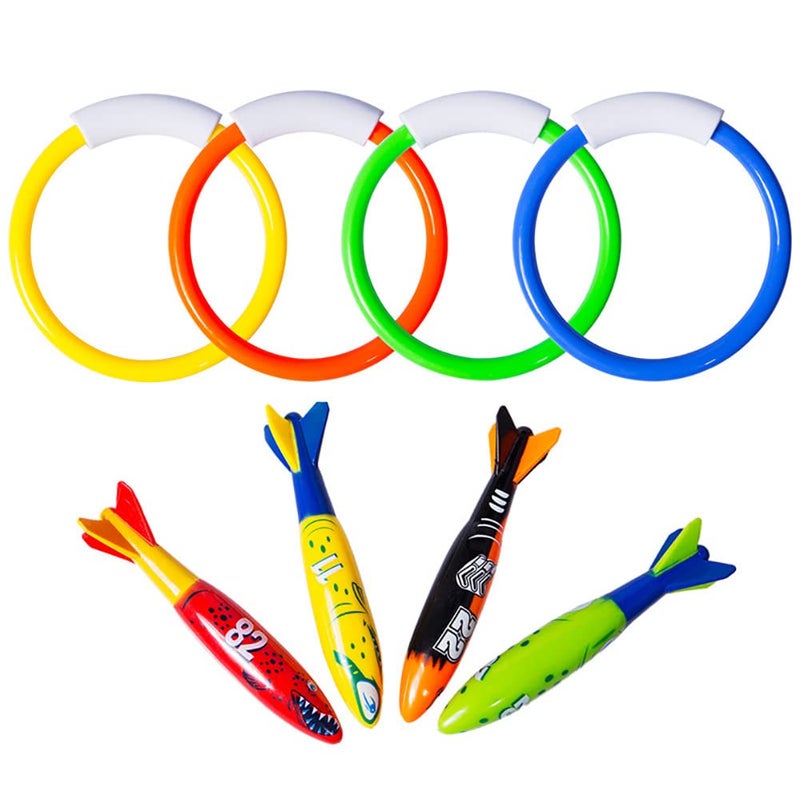 Fullsexy Underwater Pool Diving Toys 8 Pcs Water Pool Toys for Kids Ages 48 812 Diving Rings and Pool Torpedo Set Training Dive Rings Swim Toys - Image 2