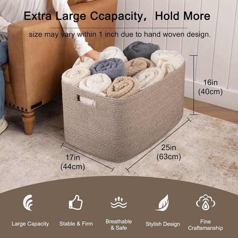 OIAHOMY 118L XXXLarge Cotton Rope Storage Basket Oversized Blanket Basket Used for Organizing Dirty Clothes in Living Room Bedroom Nursery Dog Toy Storage Bins 25 x 17 x 16Brown variegated - Image 3