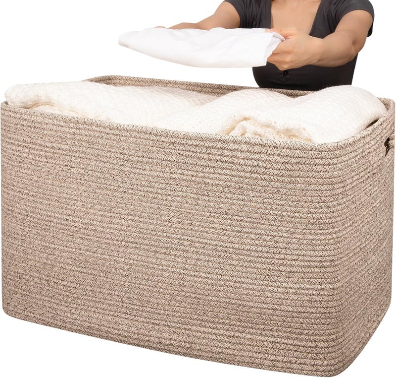 OIAHOMY 118L XXXLarge Cotton Rope Storage Basket Oversized Blanket Basket Used for Organizing Dirty Clothes in Living Room Bedroom Nursery Dog Toy Storage Bins 25 x 17 x 16Brown variegated - Image 1
