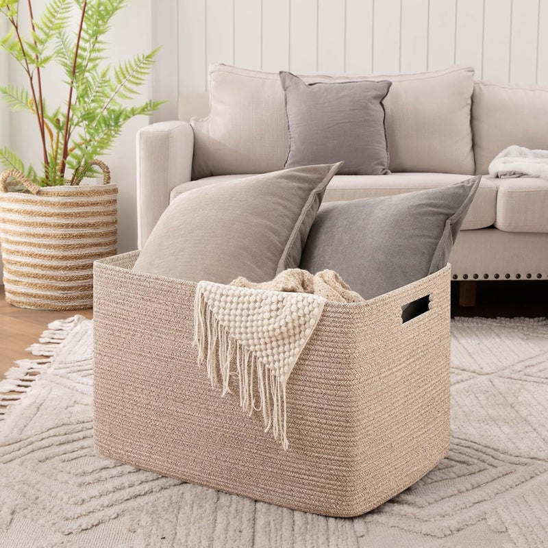 OIAHOMY 118L XXXLarge Cotton Rope Storage Basket Oversized Blanket Basket Used for Organizing Dirty Clothes in Living Room Bedroom Nursery Dog Toy Storage Bins 25 x 17 x 16Brown variegated - Image 2