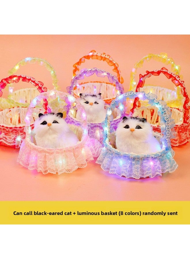 Simulation Cat With Basket Can Call Cat Basket Children's Toys Girls Scenic Crafts Kitten Ornaments-Dimensions:Can Call Black-eared Cat + Luminous Basket, 8 Colors Randomly Distributed - Image 1