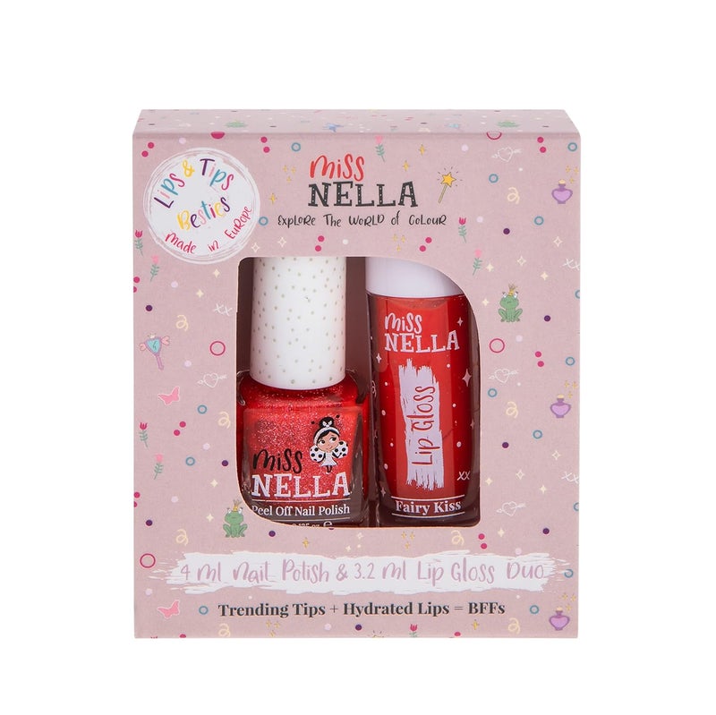 Miss NELLA MISS NELLA Fairy Kiss Lips & Tips duo- Scented Lip Gloss + Glitter Nail Polish for Kids with Peel-off, Water Based & Odour Free Formula 