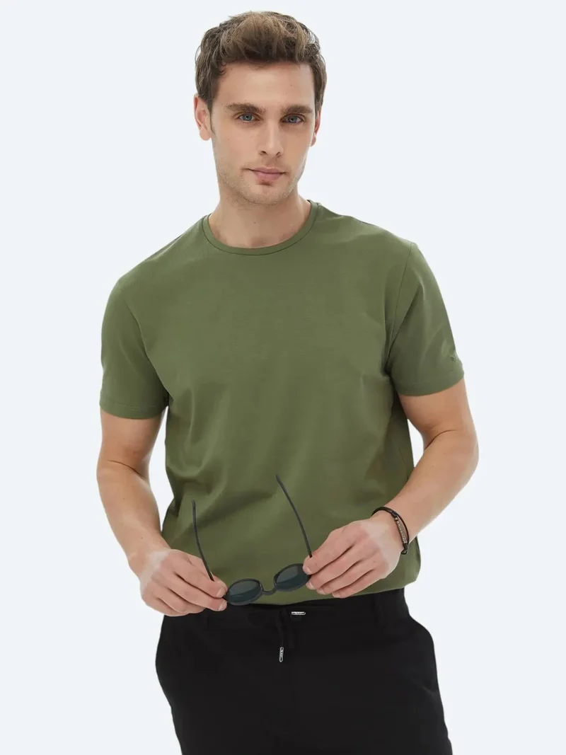 Kip Khaki Plain Crew Neck Cotton Blended T-Shirt
