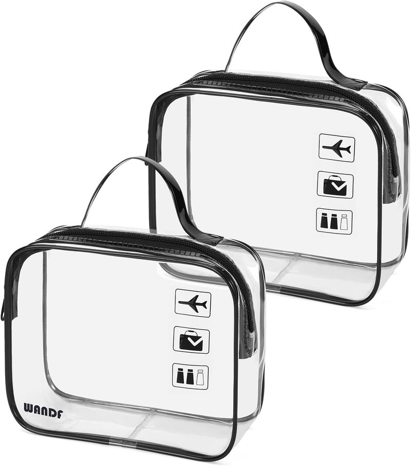 WANDF TSA Approved Toiletry Bag, 2 Packs Travel Clear Toiletry Bag, Quart Size Makeup Cosmetic Pouch with Zipper, Carry-On Airport Compliant Bag for Women and Men (2 pcs, Black with Handle) - Image 1