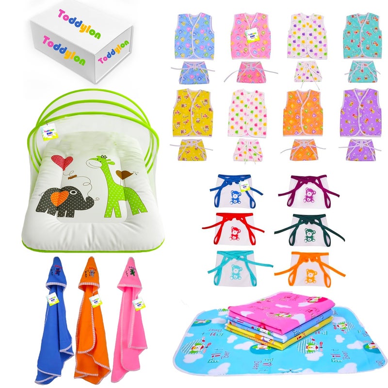 Toddylon Flat Bed 30 in 1 New Born Baby Products All Gift Pack | Baby Bedding Set | Baby Clothes | Essentials Items | Combo Set | Baby Bed (Multicolor, 0-6 Months) - Image 1